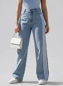 Calça Wide Leg Jeans Cintura Alta Listras Laterais