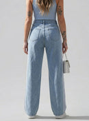 Calça Wide Leg Jeans Cintura Alta Listras Laterais