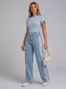 Calça Wide Leg Jeans Cintura Alta Listras Laterais