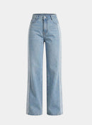 Calça Wide Leg Jeans Cintura Alta Listras Laterais