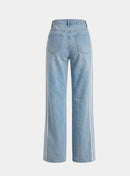 Calça Wide Leg Jeans Cintura Alta Listras Laterais