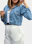 Jaqueta Cropped Jeans Feminina Manga Longa