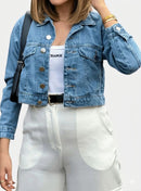 Jaqueta Cropped Jeans Feminina Manga Longa