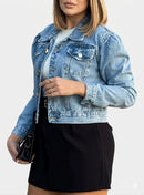Jaqueta Cropped Jeans Feminina Manga Longa