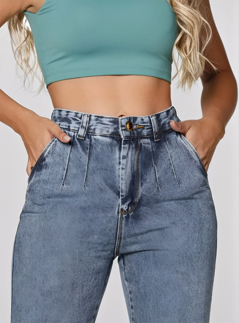 Calça Jeans Premium Feminina Mom Cintura Alta Marmorizada