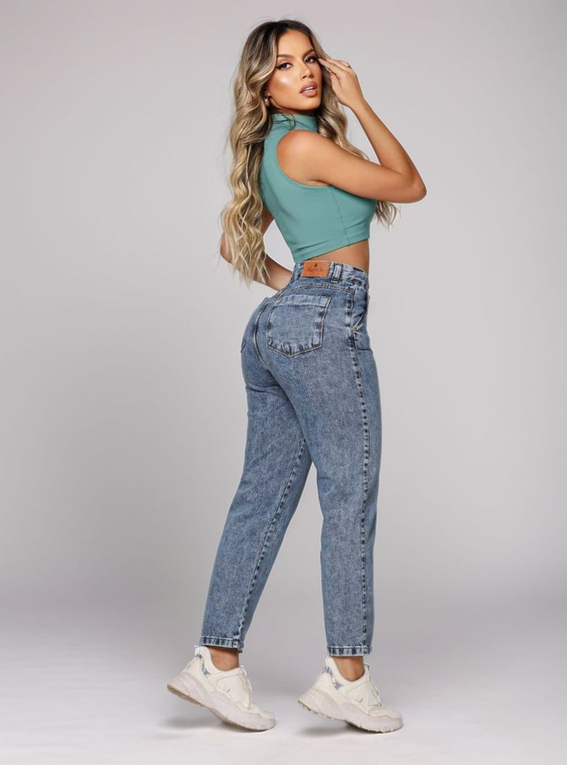 Calça Jeans Premium Feminina Mom Cintura Alta Marmorizada