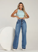 Calça Feminina Wide Leg Jeans Cintura Alta