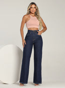 Calça Feminina Wide Leg Jeans Cintura Alta Escura