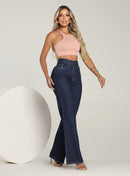 Calça Feminina Wide Leg Jeans Cintura Alta Escura