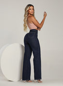 Calça Feminina Wide Leg Jeans Cintura Alta Escura