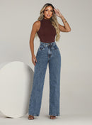Calça Feminina Wide Leg Jeans Cintura Alta Marmorizada