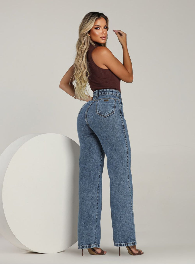 Calça Feminina Wide Leg Jeans Cintura Alta Marmorizada