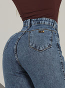 Calça Feminina Wide Leg Jeans Cintura Alta Marmorizada
