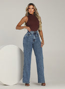 Calça Feminina Wide Leg Jeans Cintura Alta Marmorizada