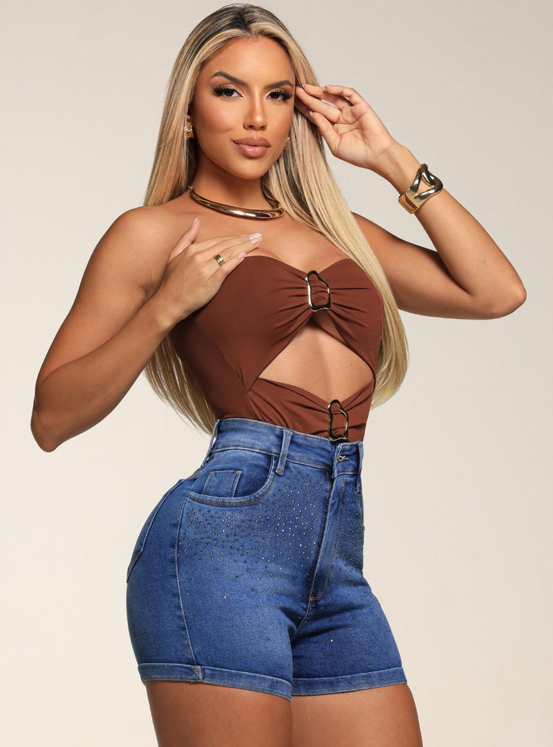 Short Feminino Com Brilho Strass Elastano