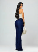 Calça Jeans Flare Feminina Escura Cintura Alta Bolso Social