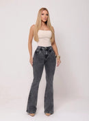 Calça Jeans Flare Feminina Cintura Alta Marmorizada