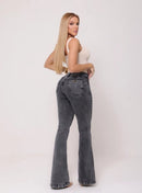 Calça Jeans Flare Feminina Cintura Alta Marmorizada