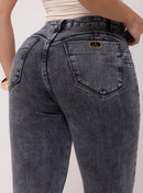 Calça Jeans Flare Feminina Cintura Alta Marmorizada