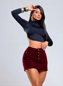 Short Saia Jeans Feminino Vinho com Botões