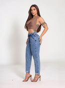 Calça Jeans Feminina Barra Dobrada Mom Cintura Alta
