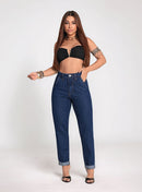 Calça Jeans Feminina Barra Dobrada Mom Cintura Alta