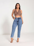 Calça Jeans Feminina Barra Dobrada Mom Cintura Alta