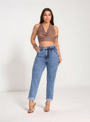 Calça Jeans Feminina Barra Dobrada Mom Cintura Alta