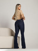 Calça Jeans Flare Feminina Cintura Alta com Puído