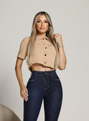 Calça Jeans Flare Feminina Cintura Alta com Puído