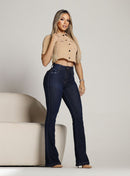 Calça Jeans Flare Feminina Cintura Alta com Puído