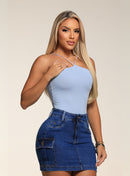 Saia Jeans Cargo Bolso Lateral Com Lycra