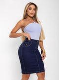 Saia Jeans Feminina Secretaria Cintura Alta Com Elastano