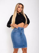 Saia Jeans Feminina Secretaria Cintura Alta Com Elastano