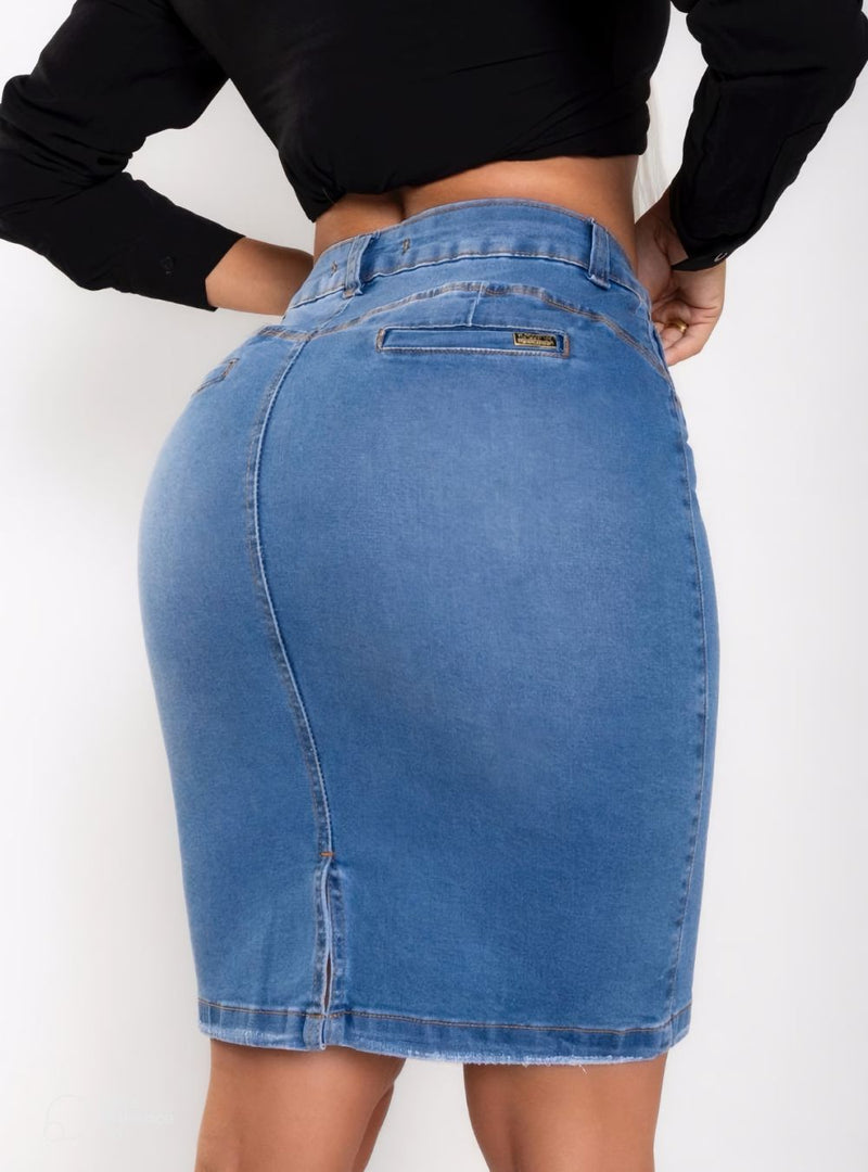 Saia Jeans Feminina Secretaria Cintura Alta Com Elastano