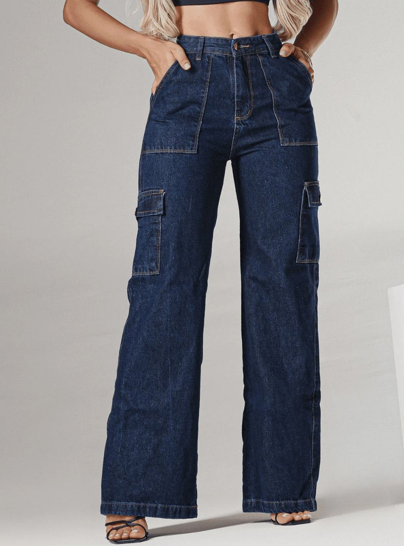 Calça Cargo Jeans Escuro Jogger Feminina