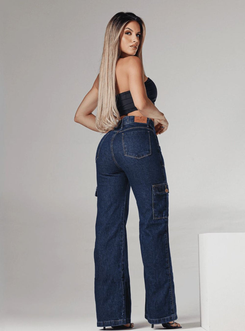 Calça Cargo Jeans Escuro Jogger Feminina