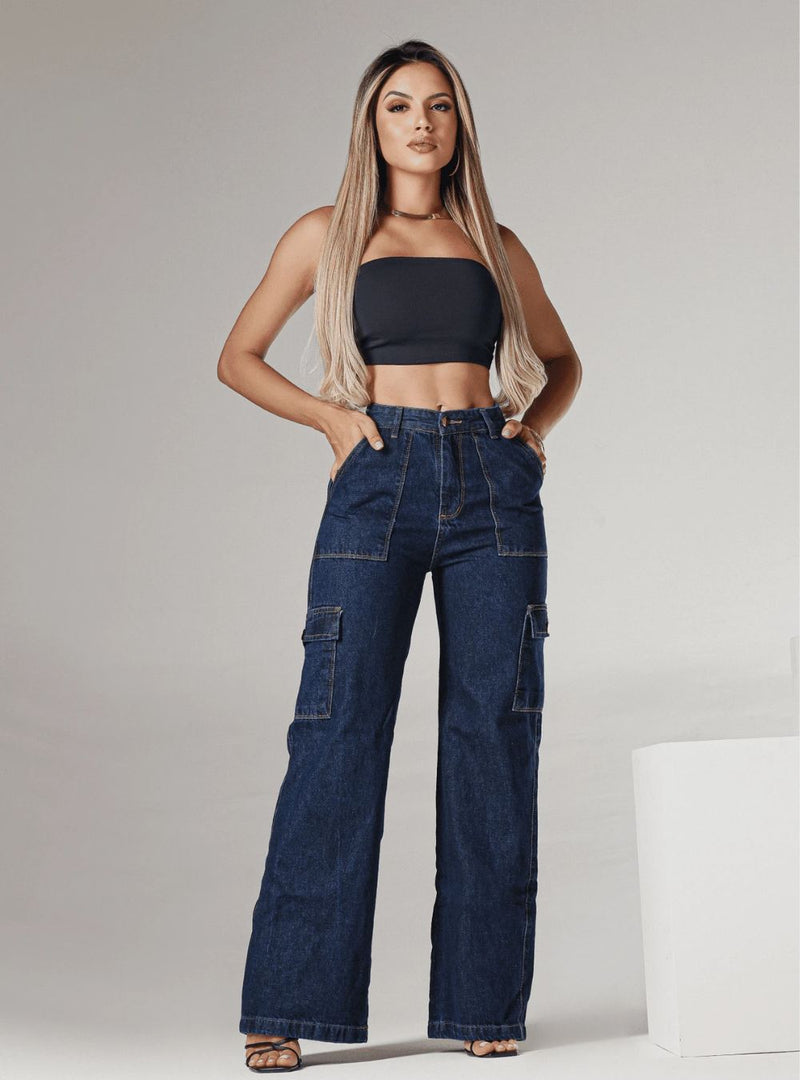 Calça Cargo Jeans Escuro Jogger Feminina