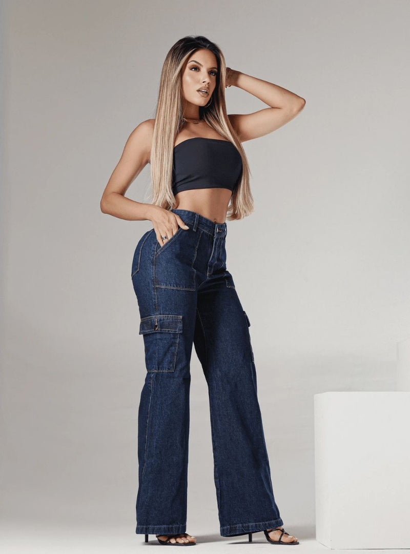 Calça Cargo Jeans Escuro Jogger Feminina
