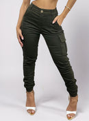 Calça Cargo Jeans Feminina Jogger Cintura Alta Levanta Bumbum Com Elastano