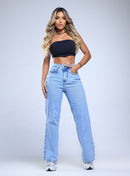 Calça Feminina Wide Leg Jeans Claro Cintura Alta