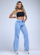 Calça Feminina Wide Leg Jeans Claro Cintura Alta