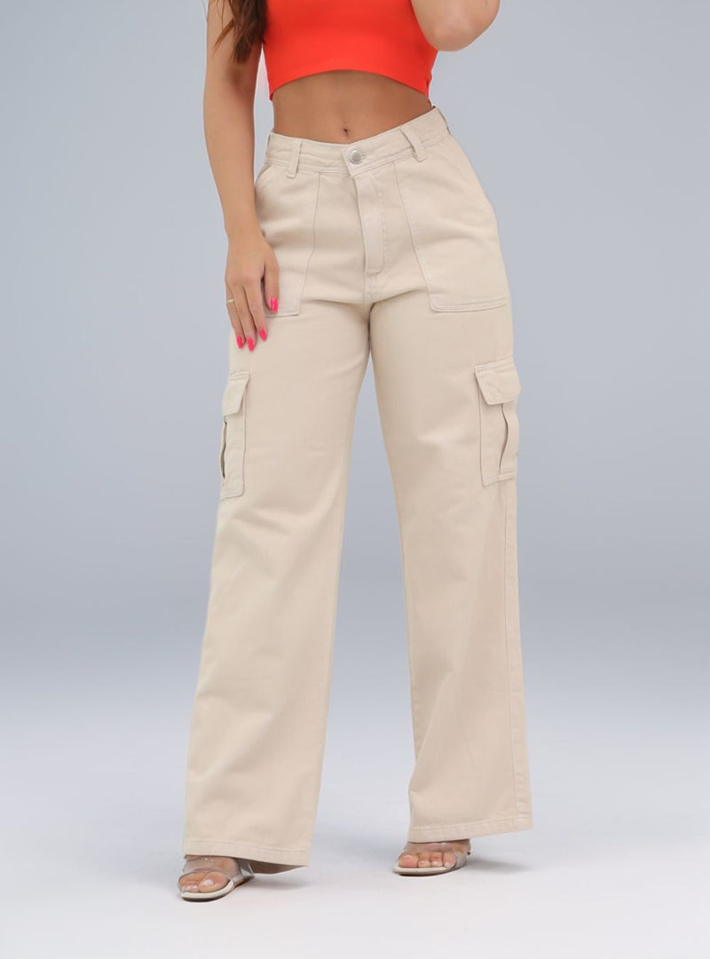 Calça Jeans Cargo Feminina Wide Leg