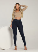 Calça Jeans Feminina Skinny Escura Cintura Alta Empina Bumbum