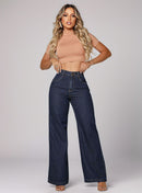 Calça Jeans Feminina Wide Leg Cós Alto Escura