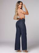 Calça Jeans Feminina Wide Leg Cós Alto Escura