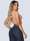 Calça Jeans Feminina Wide Leg Cós Alto Escura