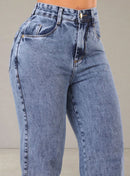 Calça Jeans Feminina Wide Leg Cós Alto Marmorizada