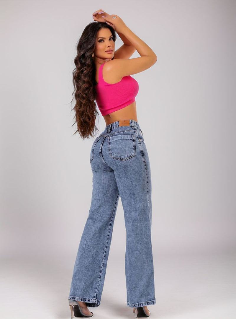Calça Jeans Feminina Wide Leg Cós Alto Marmorizada