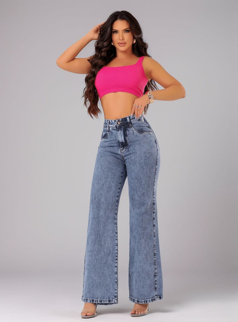 Calça Jeans Feminina Wide Leg Cós Alto Marmorizada